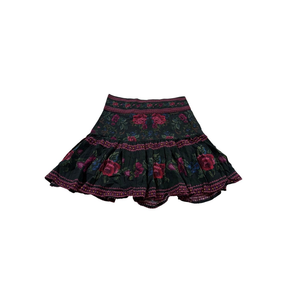 Farm Rio Mini Skirt Floral Rose Ruffle Boho Dark Romantic Whimsigoth Grunge XXS